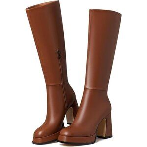 Platform Knee High Square Toe Fashion Brown Polyurethane Long Boots with Zip